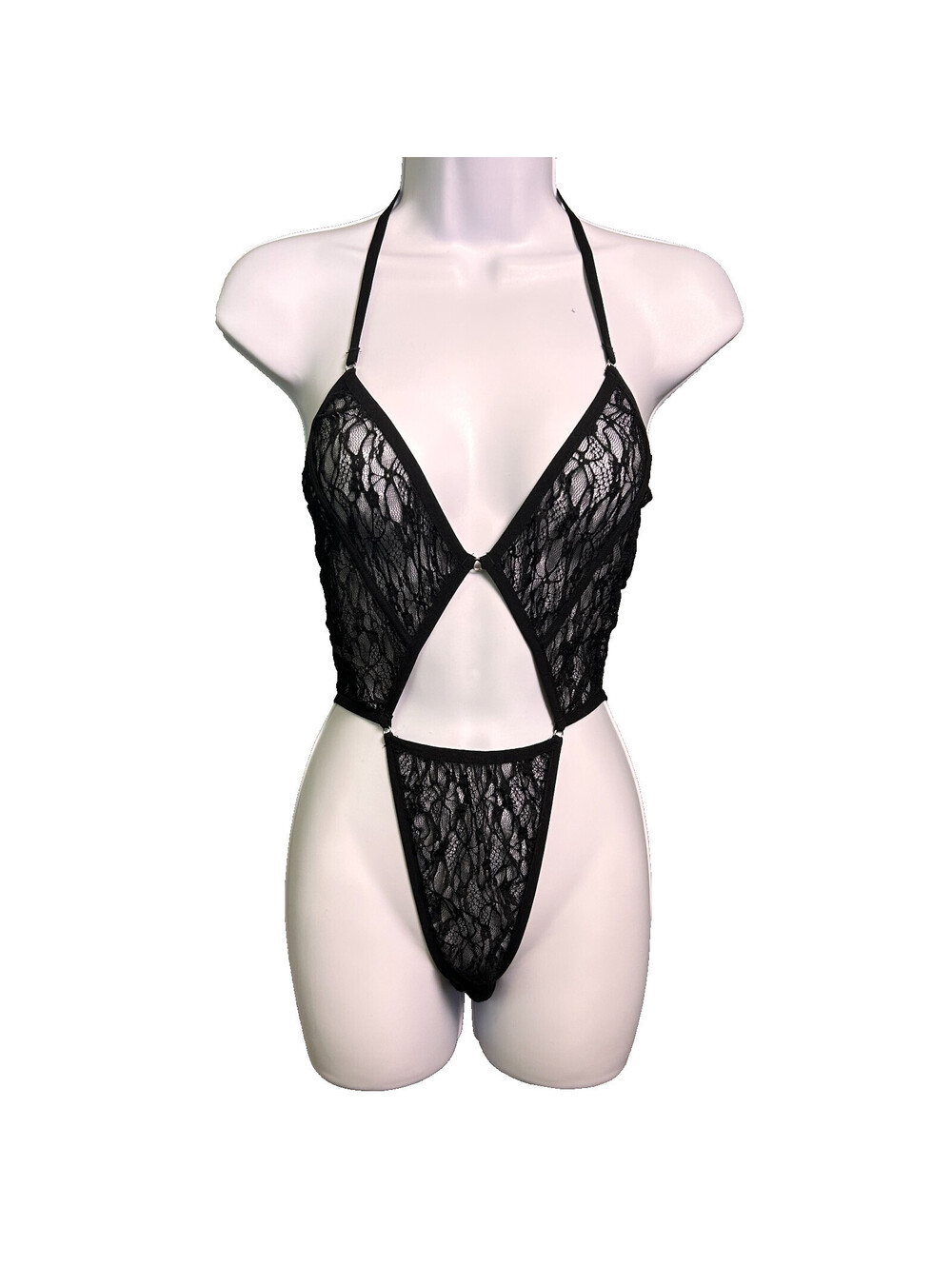 NWT Elle Reve Lace Cutout Teddy Bodysuit Womens L Black Halter High Leg Thong